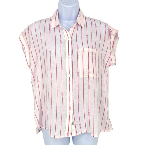 Rails Whitney Pineapple Stripe Linen Blend Button-Up Shirt XS White & Pink NWT - Picture 1 of 12